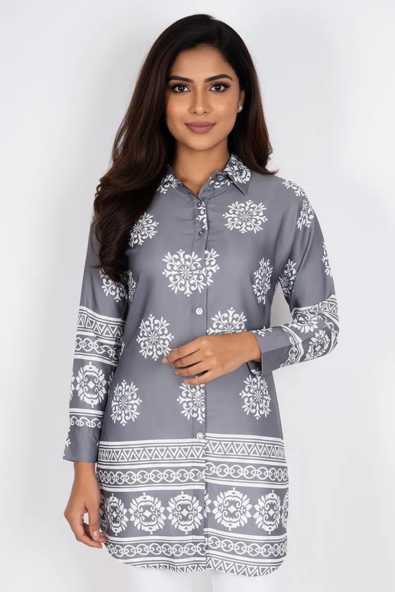 Rayon Floral Printed Shirt Style Top for Women - product media