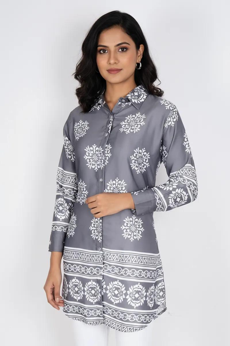 Rayon Floral Printed Shirt Style Top for Women - product media
