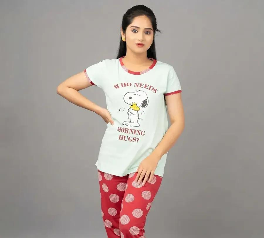 Cotton Printed Top With Pyjama Set for Women