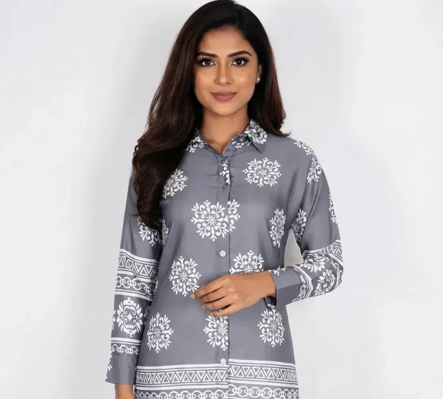 Rayon Floral Printed Shirt Style Top for Women