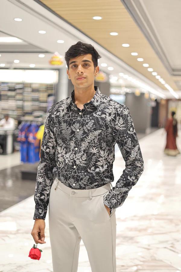 Black Cotton Blended Casual Shirt, Elevated with Vibrant Tropical Floral Prints, a Spread Collar, Full Sleeves, Slim Fit, and Regular Length - product media