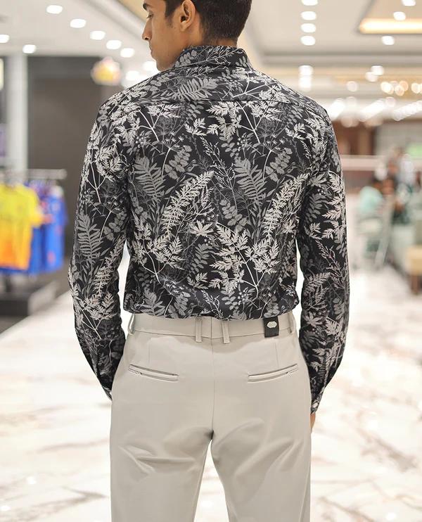 Black Cotton Blended Casual Shirt, Elevated with Vibrant Tropical Floral Prints, a Spread Collar, Full Sleeves, Slim Fit, and Regular Length - product media