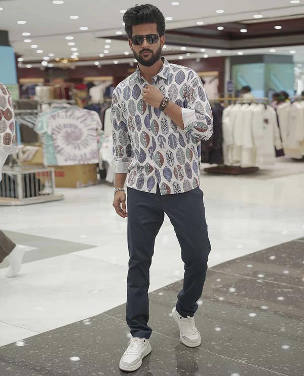 Cream-Blue Cotton-Blended Casual Shirt - product media