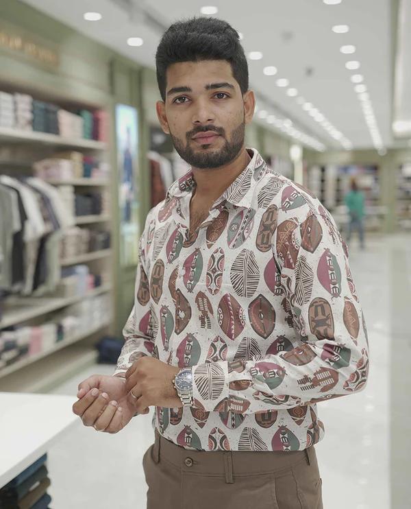 Cream-Brown Cotton-Blended Casual Shirt
