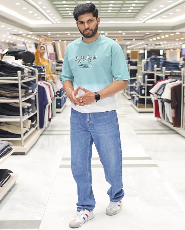 Teal Cotton-Blended Ombre T-Shirt
